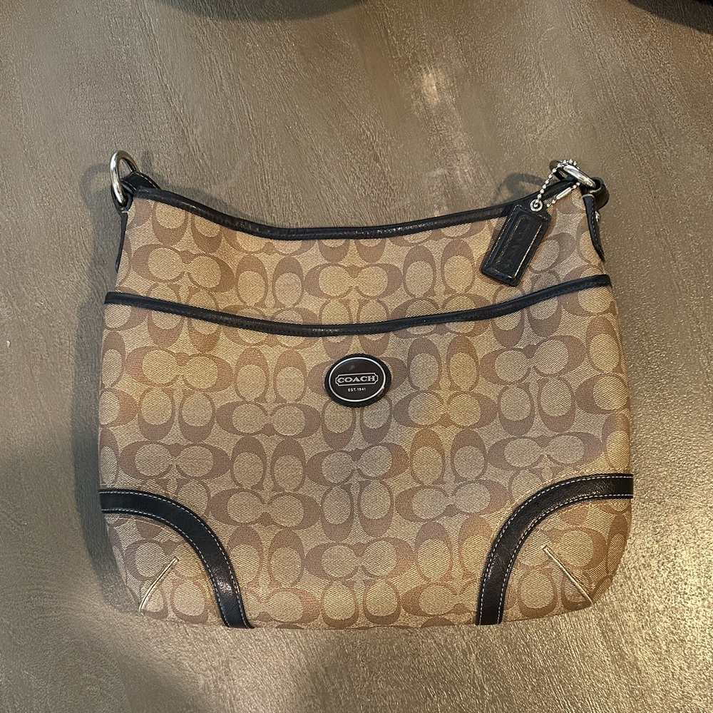 Coach Brown and Black Signature Shoulder Bag